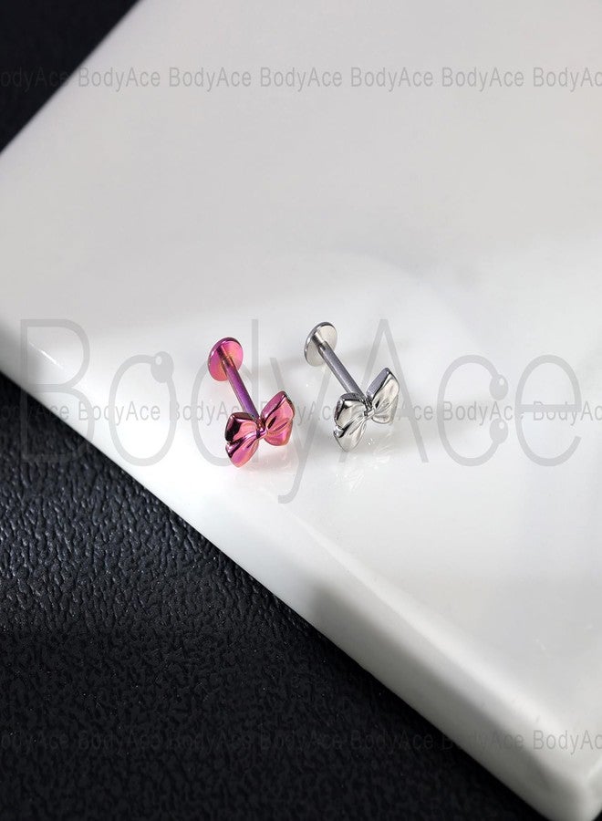 BodyAce F136 Titanium Body Piercing Studs, 16G Flat Back Cartilage Earring Studs with Piercing Taper, Internally Threaded Labret Lip Ring Conch Tragus Stud (Pink Bow) - Image 4